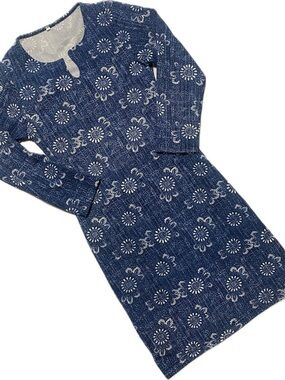 Blue Floral Midi Dress with Long Sleeves